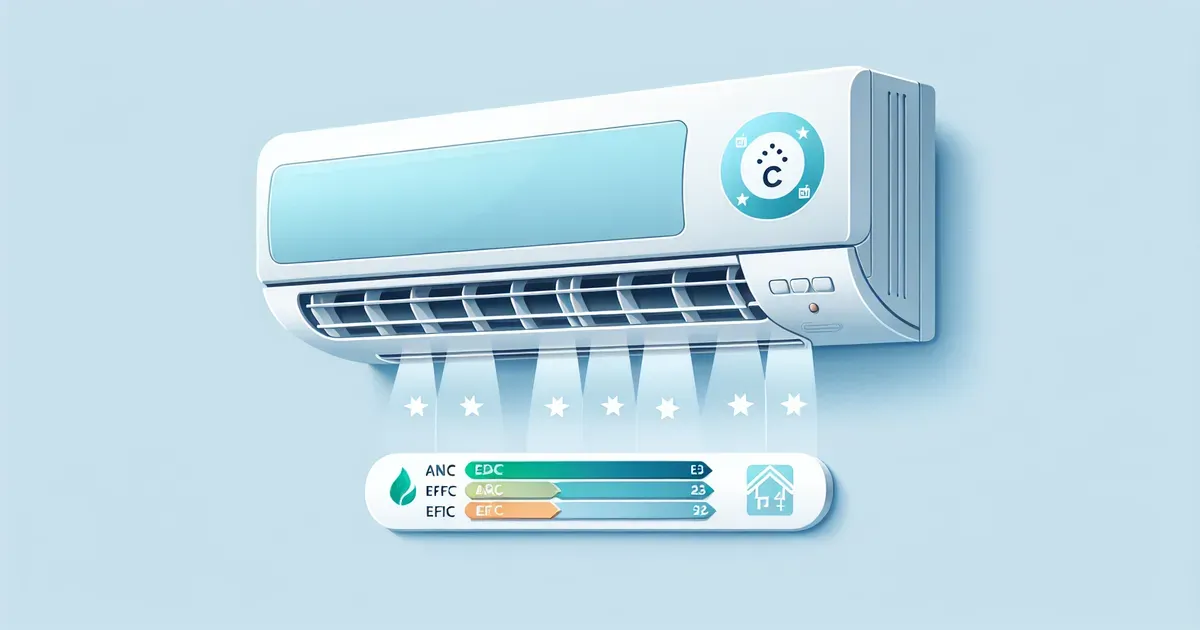 Condizionatore moderno con etichetta energetica e simboli di efficienza