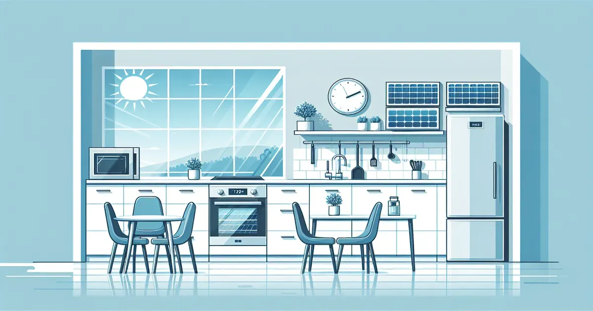 Cucina moderna con elettrodomestici efficienti e pannelli fotovoltaici visibili dalla finestra