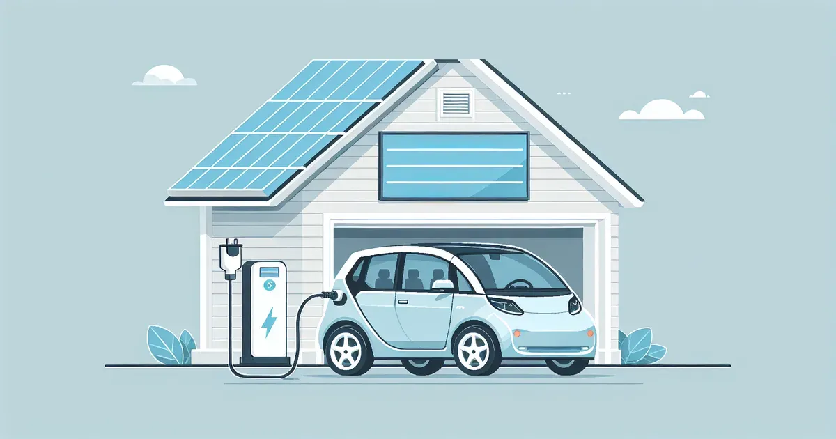 Auto elettrica Tesla in ricarica in un garage domestico con pannelli fotovoltaici visibili sul tetto