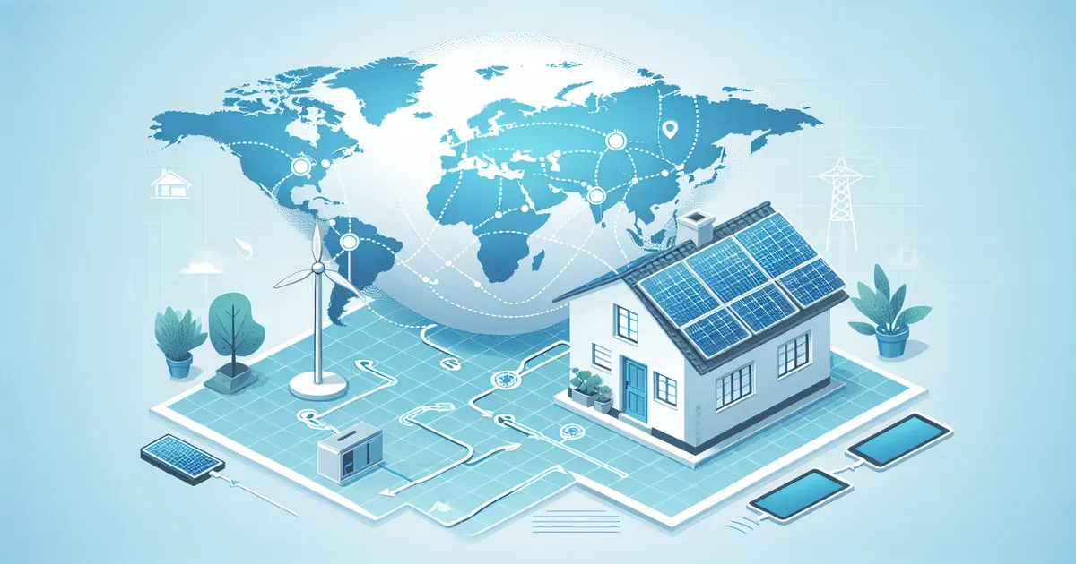 Mappa mondiale con rotte energetiche e abitazione con pannelli solari in primo piano