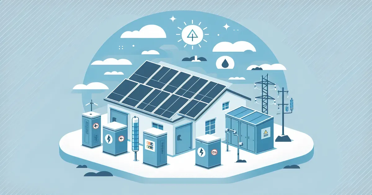 Impianto fotovoltaico con sistema di accumulo e simboli di sicurezza normativa