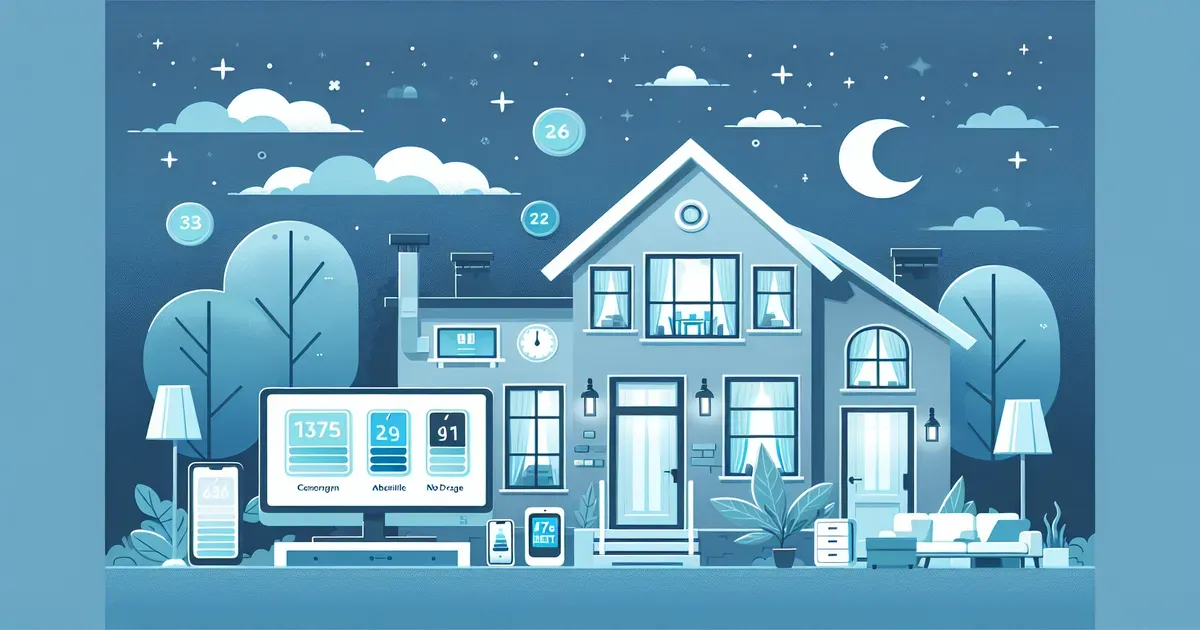 Illustrazione di una casa di notte con indicatori di consumo energetico e dispositivi in standby