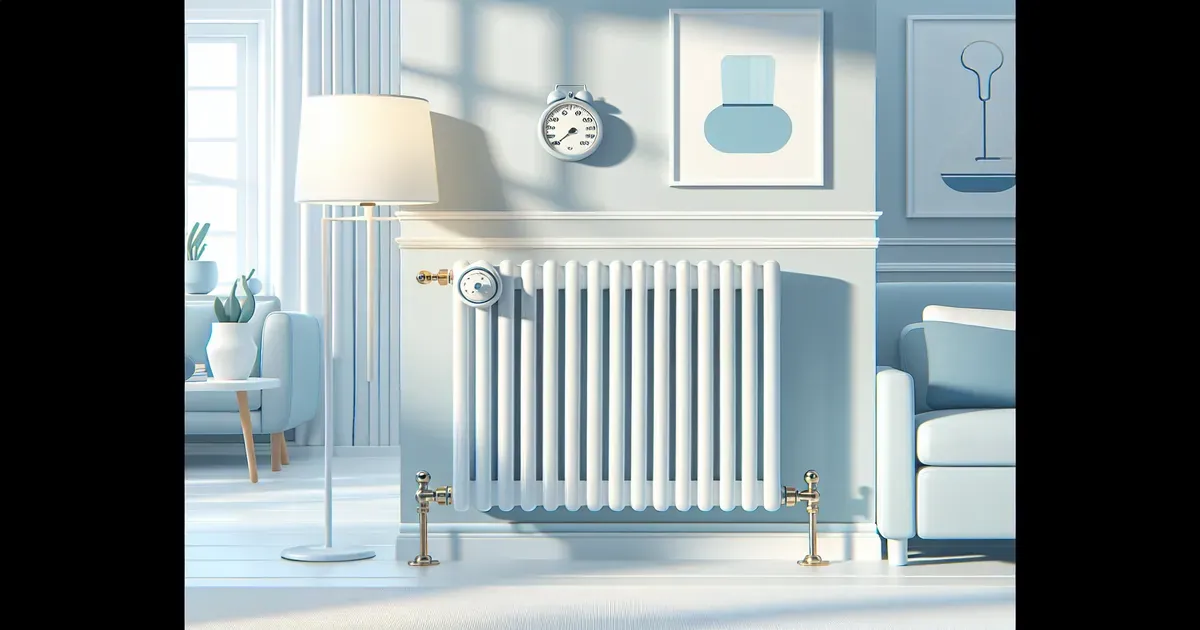 Radiatore domestico con valvola termostatica montata in un soggiorno luminoso