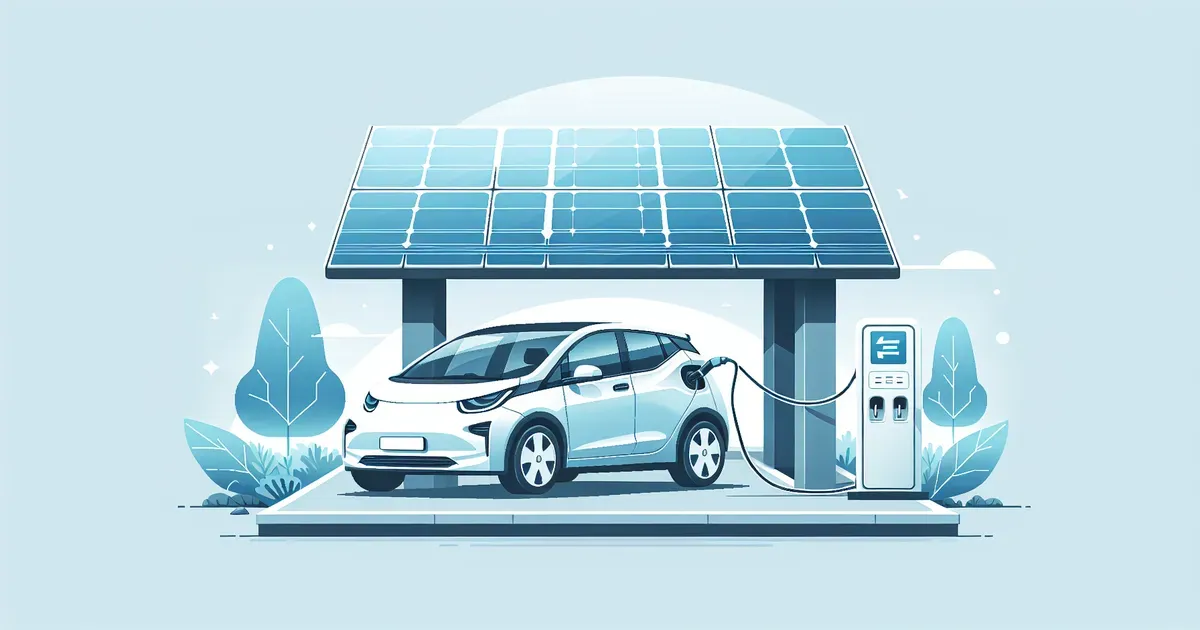 Auto elettrica in ricarica sotto una pensilina con pannelli fotovoltaici dedicati